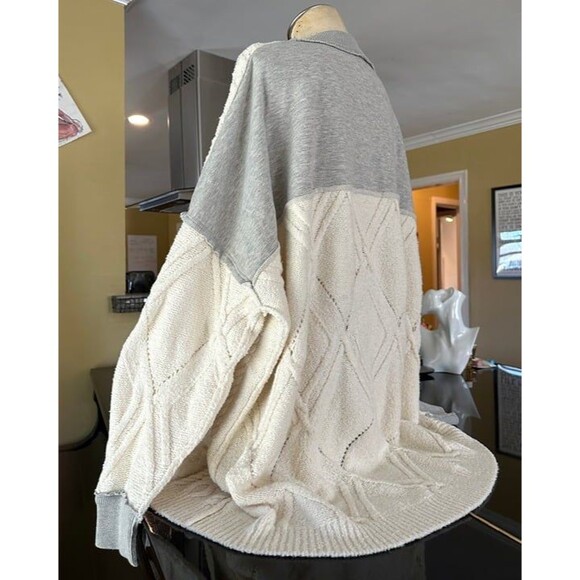 Free People Cream & Gray Mixed Media Olympia Cableknit Sweater Tunic Oversized - Picture 7 of 12